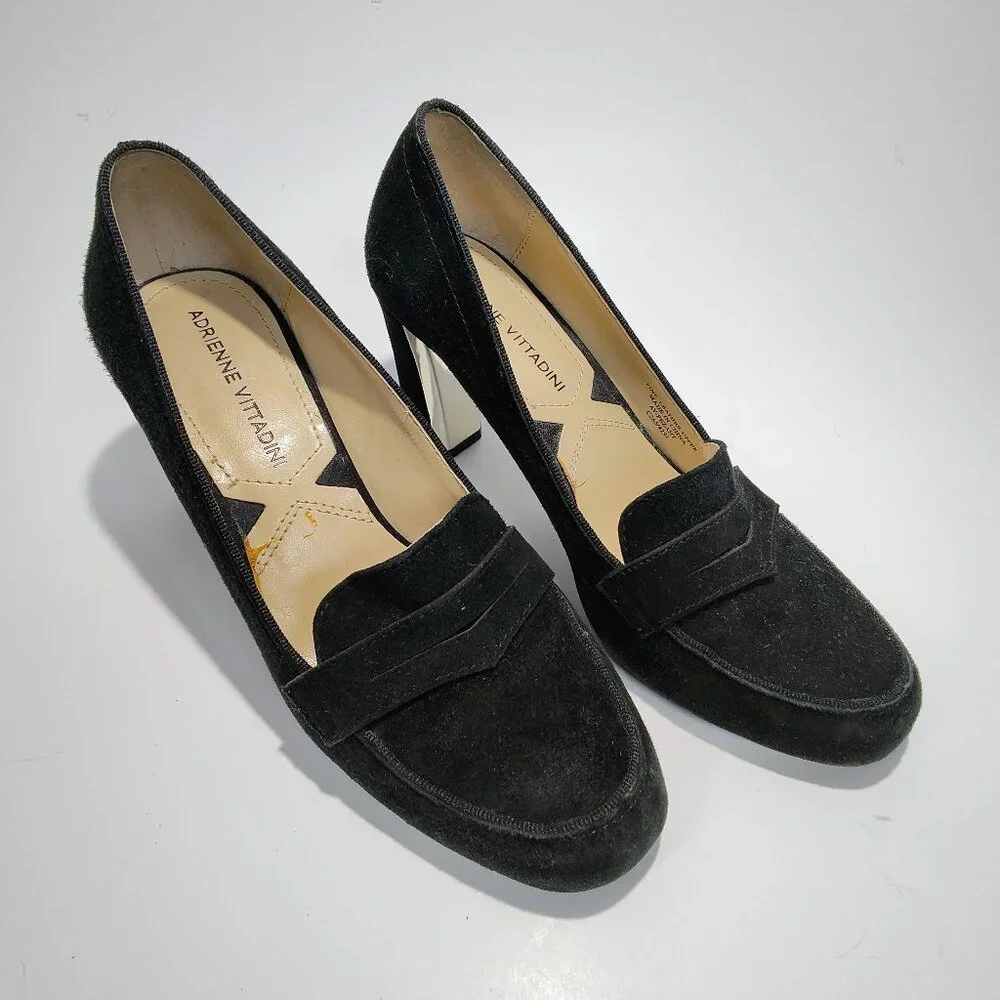Adrienne Vittadini Women's Size 6M Black Suede‎ Penny Loafer Block Heels